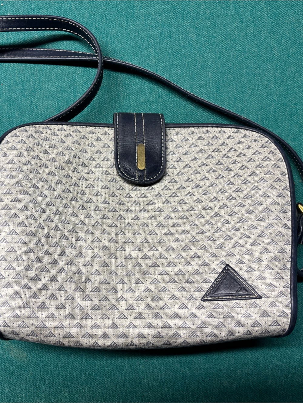 Vintage Liz Claiborne Neutral Pattern Crossbody Bag with Navy Trim